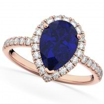 Pear Cut Halo Blue Sapphire & Diamond Engagement Ring 14K Rose Gold 3.01ct