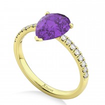 Pear Cut Sidestone Accented Amethyst & Diamond Engagement Ring 14K Yellow Gold 1.91ct