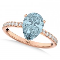 Pear Cut Sidestone Accented Aquamarine & Diamond Engagement Ring 14K Rose Gold 2.06ct