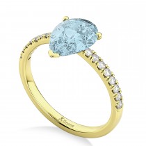 Pear Cut Sidestone Accented Aquamarine & Diamond Engagement Ring 14K Yellow Gold 2.06ct