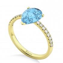 Pear Cut Sidestone Accented Blue Topaz & Diamond Engagement Ring 14K Yellow Gold 1.61ct