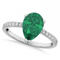 Pear Cut Sidestone Accented Emerald & Diamond Engagement Ring 14K White Gold 2.81ct
