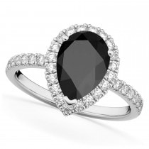 Pear Cut Halo Black Onyx & Diamond Engagement Ring 14K White Gold 2.21ct