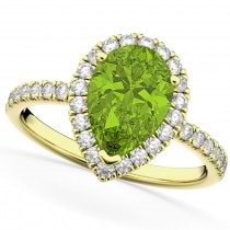 Pear Cut Halo Peridot & Diamond Engagement Ring 14K Yellow Gold 1.91ct