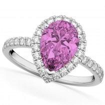 Pear Cut Halo Pink Sapphire & Diamond Engagement Ring 14K White Gold 3.01ct