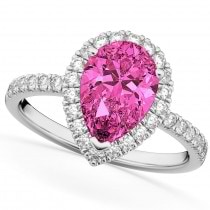 Pear Cut Halo Pink Tourmaline & Diamond Engagement Ring 14K White Gold 1.91ct