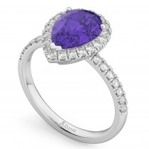 Pear Cut Halo Tanzanite & Diamond Engagement Ring 14K White Gold 1.54ct
