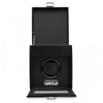 WOLF Heritage Men's Single Watch Winder Storage Box Black Faux Leather Glass Cover