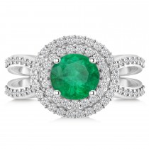 Double Halo Emerald Engagement Ring 14k White Gold (2.27ct)