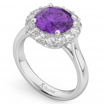 Halo Round Amethyst & Diamond Engagement Ring 14K White Gold 3.26ct