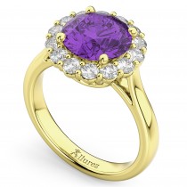 Halo Round Amethyst & Diamond Engagement Ring 14K Yellow Gold 3.26ct