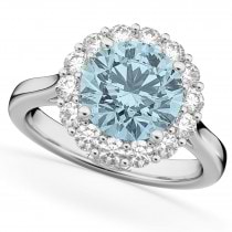 Halo Round Aquamarine & Diamond Engagement Ring 14K White Gold 3.70ct