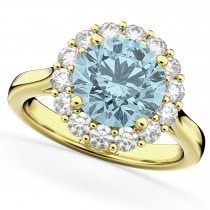 Halo Round Aquamarine & Diamond Engagement Ring 14K Yellow Gold 3.70ct