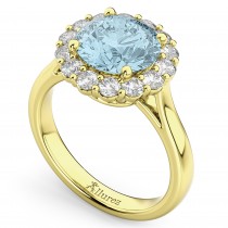 Halo Round Aquamarine & Diamond Engagement Ring 14K Yellow Gold 3.70ct