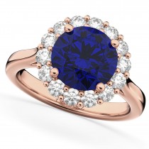 Halo Round Blue Sapphire & Diamond Engagement Ring 14K Rose Gold 4.45ct