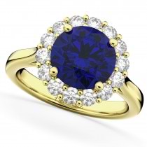 Halo Round Blue Sapphire & Diamond Engagement Ring 14K Yellow Gold 4.45ct