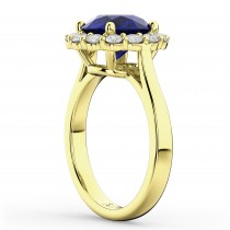 Halo Round Blue Sapphire & Diamond Engagement Ring 14K Yellow Gold 4.45ct