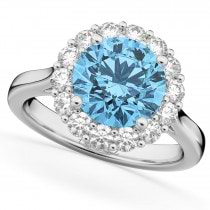 Halo Round Blue Topaz & Diamond Engagement Ring 14K White Gold 4.45ct