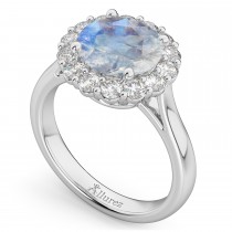Halo Round Moonstone & Diamond Engagement Ring 14K White Gold 4.45ct