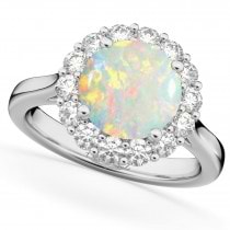 Halo Round Opal & Diamond Engagement Ring 14K White Gold 2.30ct