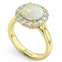 Halo Round Opal & Diamond Engagement Ring 14K Yellow Gold 2.30ct