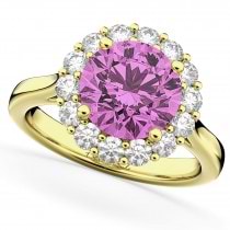 Halo Round Pink Sapphire & Diamond Engagement Ring 14K Yellow Gold 4.45ct