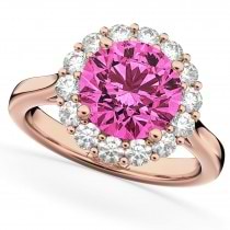 Halo Round Pink Tourmaline & Diamond Engagement Ring 14K Rose Gold 3.20ct
