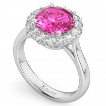 Halo Round Pink Tourmaline & Diamond Engagement Ring 14K White Gold 3.20ct