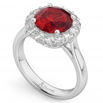 Halo Round Ruby & Diamond Engagement Ring 14K White Gold 4.45ct