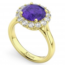 Halo Round Tanzanite & Diamond Engagement Ring 14K Yellow Gold 3.10ct
