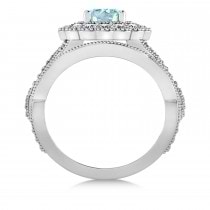 Diamond & Aquamarine Flower Halo Bridal Set 14k White Gold (2.22ct)