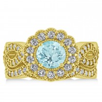 Diamond & Aquamarine Flower Halo Bridal Set 14k Yellow Gold (2.22ct)