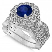 Diamond & Blue Sapphire Flower Halo Bridal Set 14k White Gold (2.22ct)