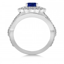 Diamond & Blue Sapphire Flower Halo Bridal Set 14k White Gold (2.22ct)