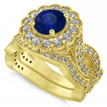 Diamond & Blue Sapphire Flower Halo Bridal Set 14k Yellow Gold (2.22ct)