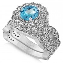 Diamond & Blue Topaz Flower Halo Bridal Set 14k White Gold (2.22ct)