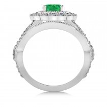 Diamond & Emerald Flower Halo Bridal Set 14k White Gold (2.22ct)