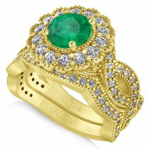 Diamond & Emerald Flower Halo Bridal Set 14k Yellow Gold (2.22ct)
