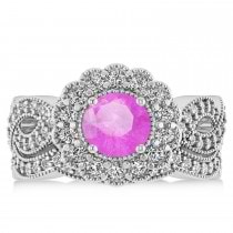 Diamond & Pink Sapphire Flower Halo Bridal Set 14k White Gold (2.22ct)