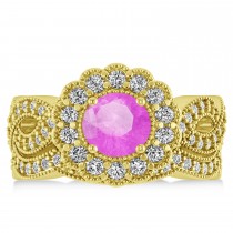 Diamond & Pink Sapphire Flower Halo Bridal Set 14k Yellow Gold (2.22ct)