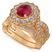 Diamond & Ruby Flower Halo Bridal Set 14k Rose Gold (2.22ct)