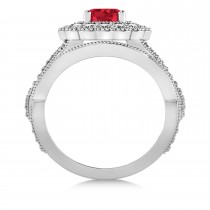 Diamond & Ruby Flower Halo Bridal Set 14k White Gold (2.22ct)
