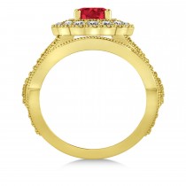 Diamond & Ruby Flower Halo Bridal Set 14k Yellow Gold (2.22ct)