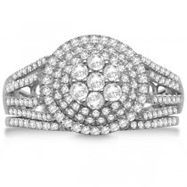Halo Diamond Cluster Engagement Ring & Band 14K White Gold 0.85ctw