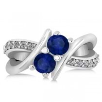 Blue Sapphire Diamond Bypass Split Two Stone Ring 14k White Gold (1.28ct)