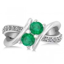 Emerald Diamond Bypass Split Shank Two Stone Ring 14k White Gold (1.28ct)