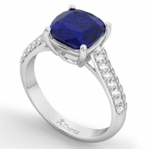 Cushion Cut Blue Sapphire & Diamond Ring 14k White Gold (4.42ct)