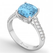 Cushion Cut Blue Topaz & Diamond Ring 14k White Gold (4.42ct)