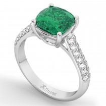Cushion Cut Emerald & Diamond Engagement Ring 14k White Gold (4.42ct)