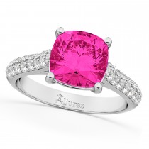 Cushion Cut Pink Tourmaline & Diamond Ring 14k White Gold (4.42ct)